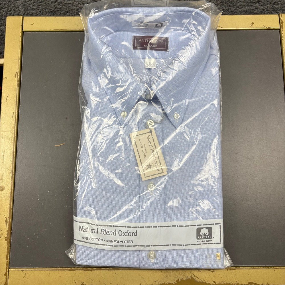 Anthonys Nofade Mens 17 Short Sleeves Natural Blend Oxford Dress Shirt‎ NWT Blue